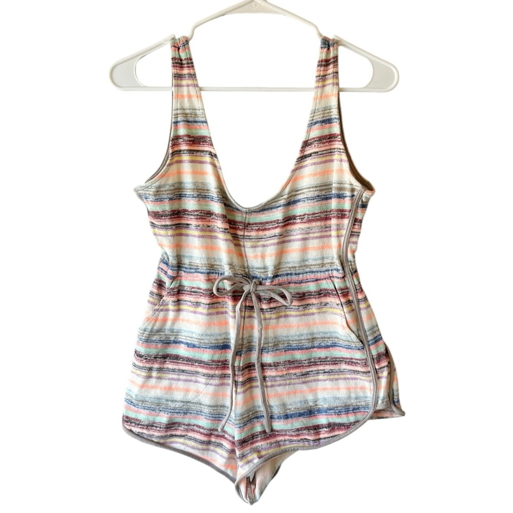 Free People Striped Multicolor Terry Romper - Cream, Blue, Pink, Orange